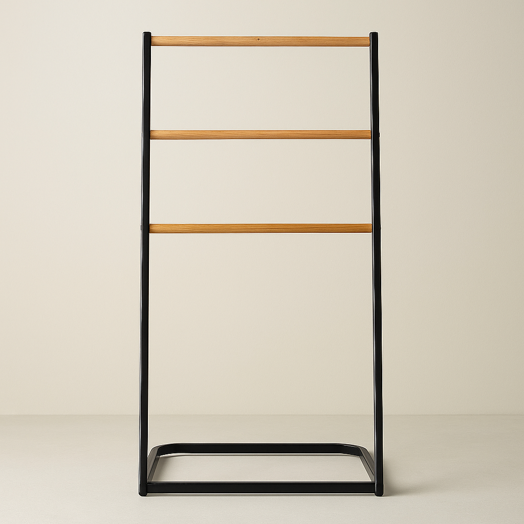 Porte-serviette sur pied bois et inox noir