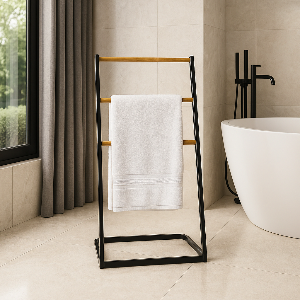 Porte-serviette sur pied bois et inox noir