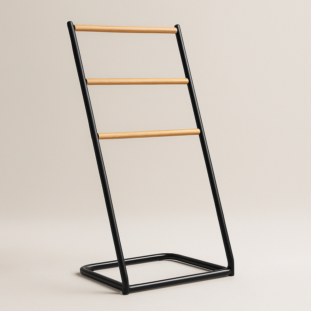 Porte-serviette sur pied bois et inox noir