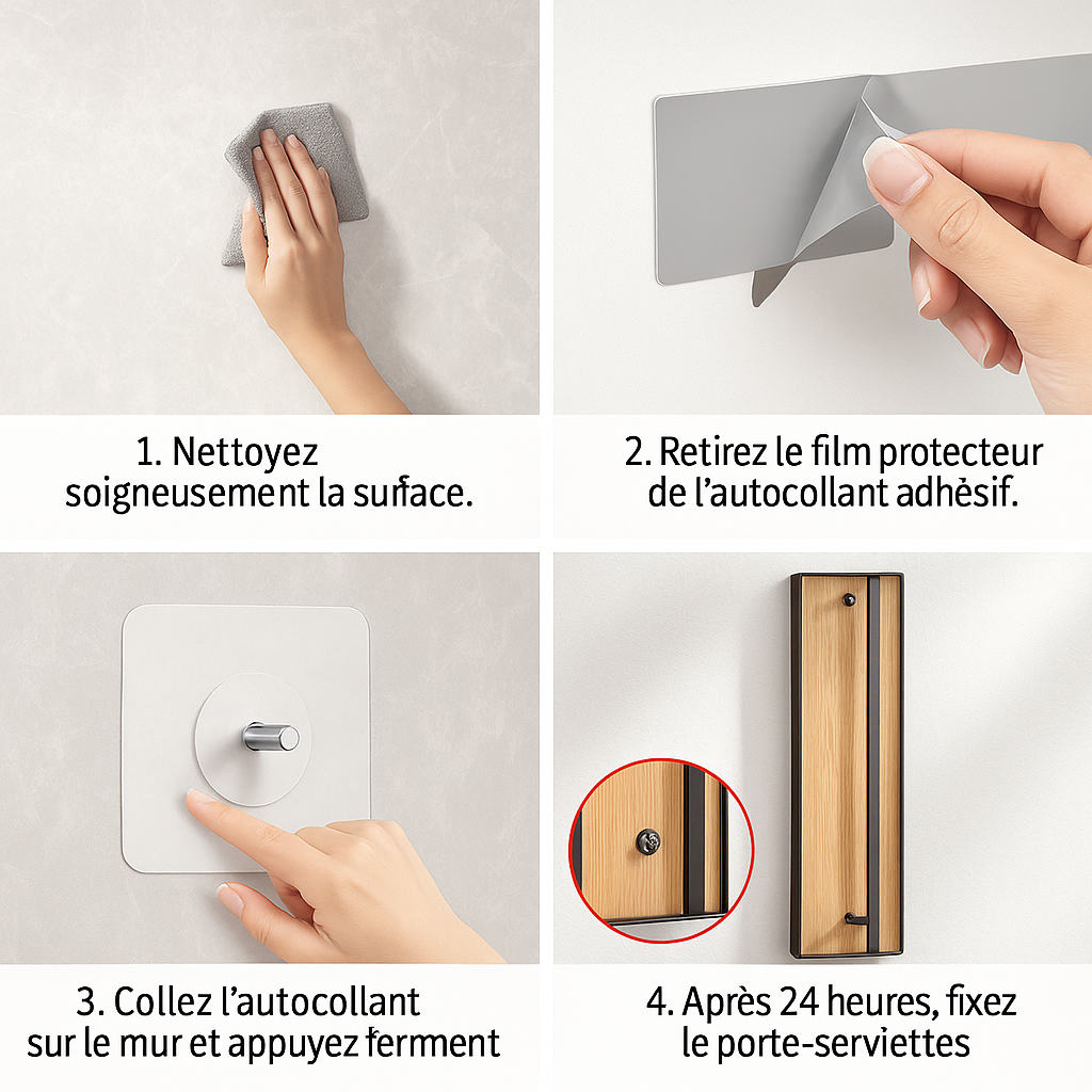 Porte-serviette mural en bois à vis ou ventouse