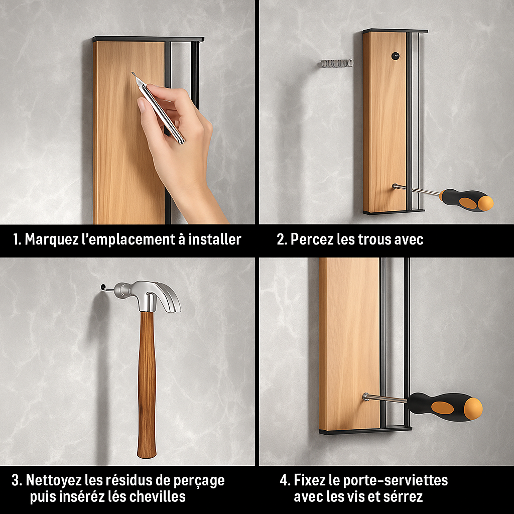 Porte-serviette mural en bois à vis ou ventouse